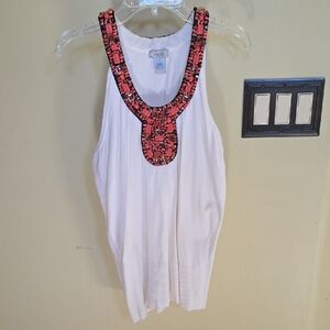 Cache White Tank with Pink Beaded Neckline